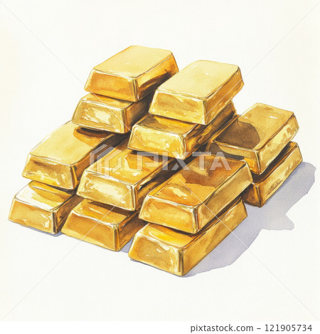 watercolor depiction of golden ingots, symbolizing wealth and prosperity. for Chinese New Year 121905734