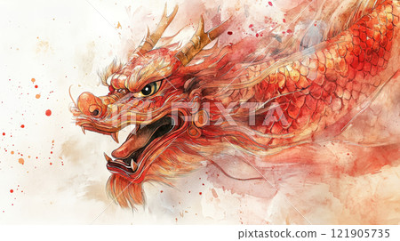 vibrant watercolor dragon illustration with fierce expression and dynamic colors. for Chinese New Year 121905735