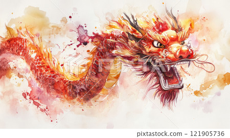 vibrant watercolor dragon dance illustration with fiery colors and dynamic expression. for Chinese New Year 121905736