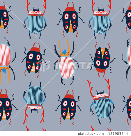 Trendy vector pattern featuring colorful, stylish bugs with unique dotted designs on a pastel background. Perfect for decorative purposes, textiles, wallpapers, and creative projects with an insects Trendy vector pattern featuring colorful, stylish bugs with unique dotted designs on a pastel background. Perfect for decorative purposes, textiles, wallpapers, and creative projects with an insects 121905844