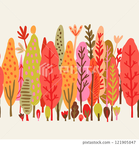 Seamless vector pattern of colorful autumn woods with minimalistic boots, evoking cozy fall vibes. Perfect for seasonal designs, textiles, wallpapers, and wrapping paper with a trendy woodland theme Seamless vector pattern of colorful autumn woods with minimalistic boots, evoking cozy fall vibes. Perfect for seasonal designs, textiles, wallpapers, and wrapping paper with a trendy woodland theme 121905847