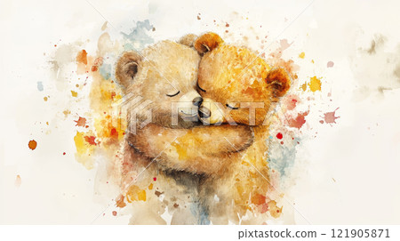 Valentine's Day sweet watercolor scene of two cartoon bears embracing warmly 121905871