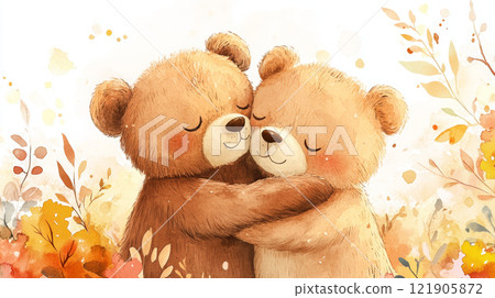 Valentine's Day sweet watercolor scene of two cartoon bears hugging in autumn leaves 121905872