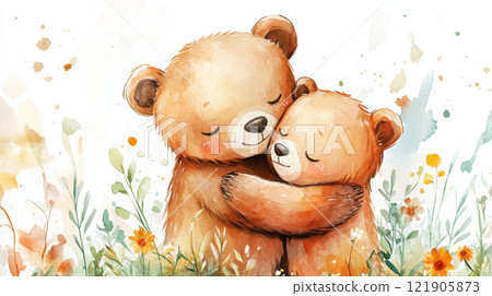 Valentine's Day sweet watercolor scene of two cartoon bears embracing in floral setting 121905873