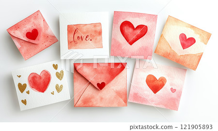 Valentine's Day Watercolor clipart of love cards and envelopes in red and pink hues 121905893