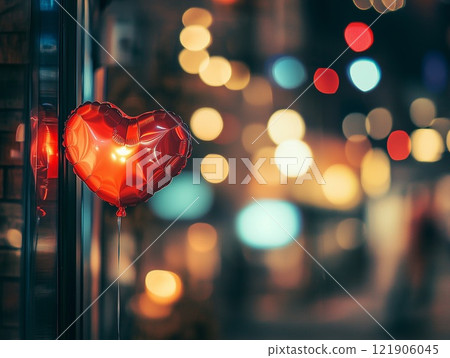 A red balloon in the shape of a heart. Valentine's day. Cozy background with lights. AI generation. 121906045