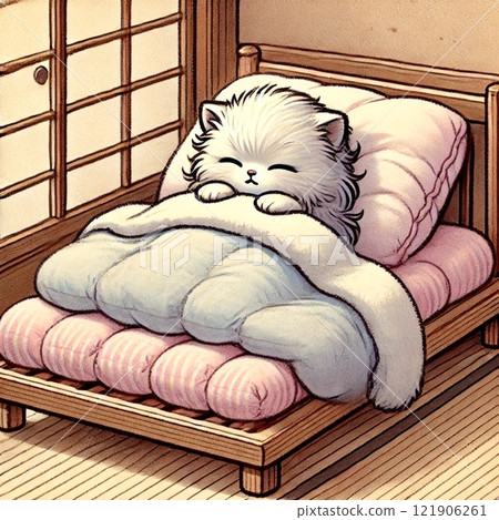 Kitten sleeping on futon 121906261