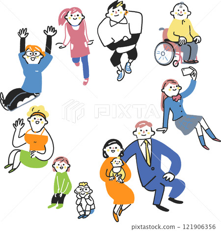 People of different ages and lifestyles gathering in a circle - set stock illustration 121906356