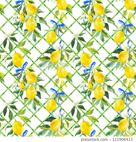 Beautiful seamless pattern with hand drawn bamboo lattice and lemons in vacation style. Ready print design. Beautiful seamless pattern with hand drawn bamboo lattice and lemons in vacation style. Ready print design. 121906413