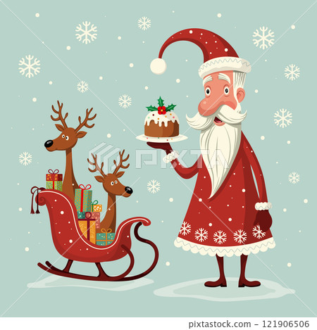 Santa at Christmas with gifts and a pie near a sleigh in which little deer are sitting. postcard vector illustration Santa at Christmas with gifts and a pie near a sleigh in which little deer are sitting. postcard vector illustration 121906506