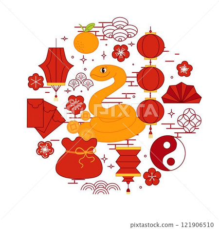 Chinese year of zodiac snake 2D illustration concept. Graphic line vector snake CNY lantern festival round composition. Serpent reptile. New year animal 2025 isolated on transparent white. Chinese year of zodiac snake 2D illustration concept. Graphic line vector snake CNY lantern festival round composition. Serpent reptile. New year animal 2025 isolated on transparent white. 121906510