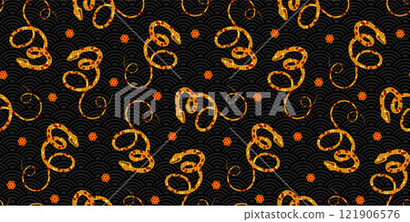 Snake seamless pattern with textured skin. Chinese happy new year 2025 the snake zodiac sign illustration on black background Snake seamless pattern with textured skin. Chinese happy new year 2025 the snake zodiac sign illustration on black background 121906576