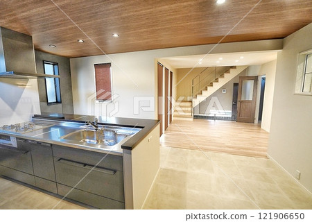A clean kitchen, living room and dining area where you can live with your pet 121906650