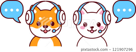 Cute cartoon dog and cat in headset 121907296