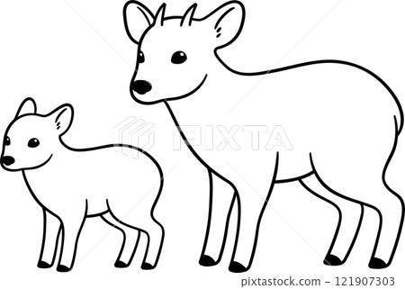 Adult and baby Pudu deer vector outline drawing 121907303