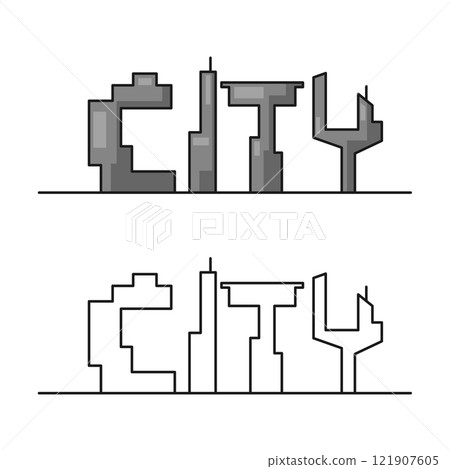Cartoon line of buildings read as the text 'CITY'. Vector on white background. 121907605