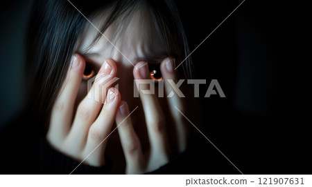 一名女子雙眼直視前方，心中懷有強烈的怨恨。 121907631