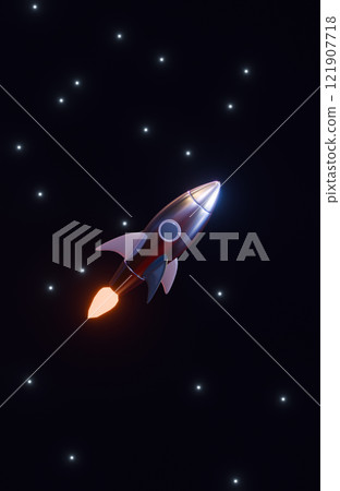 abstract 3d render illustration with cartoon rocket in outer space 121907718