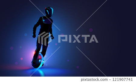 man driving on monowheel or electric unicycle in dark with headlights. Man in leather suit and helmet driving mono scooter in night city. Rider on modern monowheel in neon lights. Electric unicycle. 121907741