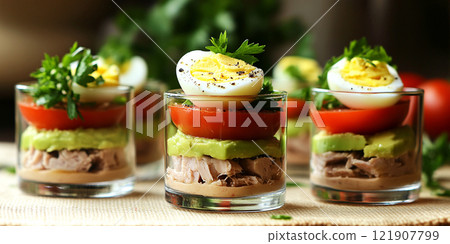 Fresh tuna salad with egg , avocado, vegetables, greens in a glass on a table . Fresh tuna salad with egg , avocado, vegetables, greens in a glass on a table . 121907799