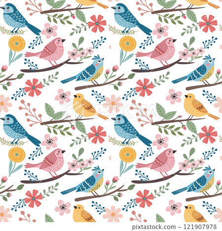 background with cute cartoon spring birds, blossom background with cute cartoon spring birds, blossom 121907978