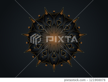 Gold Luxury Sacred Mandala template. Flower round design element isolated on black background. Circle pattern in golden color. Vector illustration for logo, monogram, web design, decoration, business 121908078