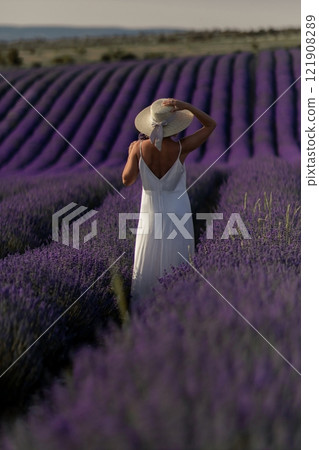 A woman in a white dress is walking through a field of purple flowers A woman in a white dress is walking through a field of purple flowers 121908289