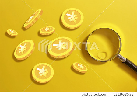 日元標記和放大鏡與貨幣相關的影像分析、觀察背景資料 日元標記和放大鏡與貨幣相關的影像分析、觀察背景資料 121908552
