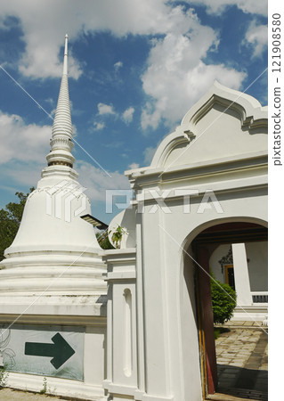 White Buddhism Church and Pagoda at Wat Nang Chee Chotikaram has an ordination hall without the raka's leaf chorfa and swan's tail, which are royal art styles popular in the reign of King Rama III.  121908580