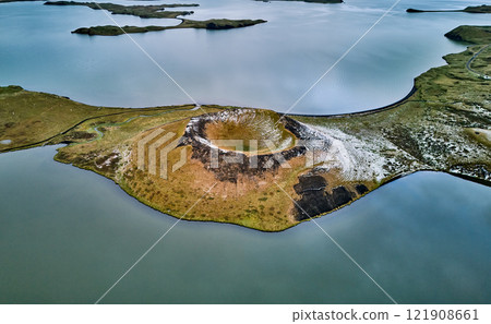 Volcanoes and the calm waters around Lake Mývatn 121908661