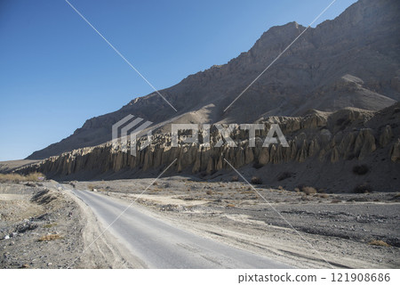 Beautiful view of Spiti valley arid landscape enroute Kaza, Himachal Pradesh, India. Beautiful view of Spiti valley arid landscape enroute Kaza, Himachal Pradesh, India. 121908686
