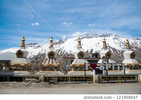 Beautiful view of Spiti valley arid landscape enroute Kaza, Himachal Pradesh, India. Beautiful view of Spiti valley arid landscape enroute Kaza, Himachal Pradesh, India. 121908687