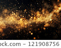 Abstract black background with golden sequins. Yellow glitter on a dark backdrop. Round shiny bokeh. 121908756