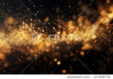 Abstract black background with golden sequins. Yellow glitter on a dark backdrop. Round shiny bokeh. 121908756