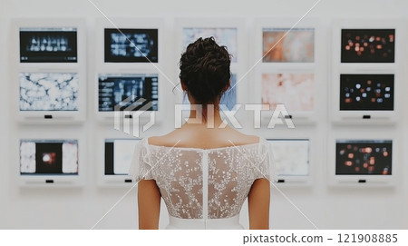 Fashion designer creates dress using AI-powered sewing machine and digital designs in a modern studio 121908885