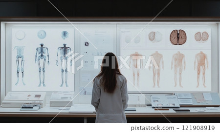 Engineers and scientists collaborate in a research lab to develop AI-driven prosthetic systems showcased through holographic projections 121908919