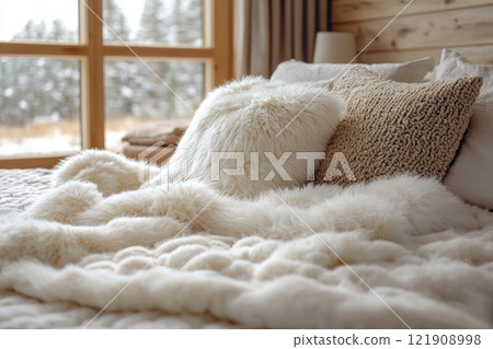 serene bedroom features cozy bed adorned cloud like blanket and plush pillows bathed in warm natural light. minimal decor enhances inviting ambiance. 121908998