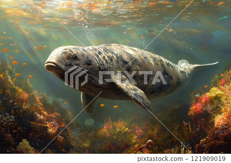 illustration showcases unique elephant fish hybrid swimming gracefully through vibrant coral reefs. Its trunk is adapted for underwater breathing while schools of fish surround it. 121909019