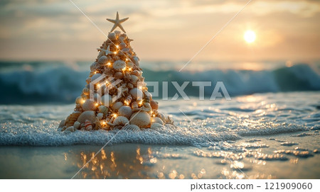 stunning Christmas tree crafted from seashells and starfish sits on tranquil beach. Turquoise waves lap shore as setting sun fills sky golden hues. 121909060