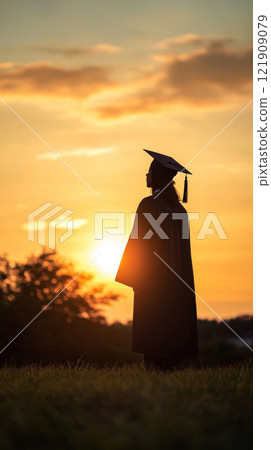Graduation silhouette at sunset, academic achievement and future concept 121909079