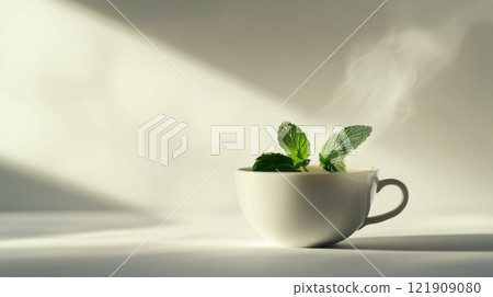 Cup of hot mint tea with steam rising in sunlight, minimalistic composition. Relaxation and wellness concept Cup of hot mint tea with steam rising in sunlight, minimalistic composition. Relaxation and wellness concept 121909080