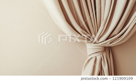 Elegant beige curtain neatly tied with knot, minimalist interior design concept 121909109