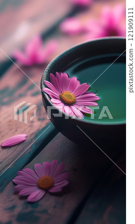 Pink daisy floating in a ceramic bowl of water on rustic wooden surface, calm and tranquil composition. Spa and relaxation concept 121909111