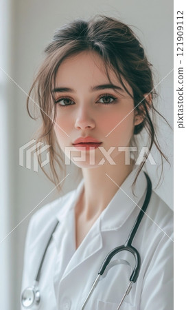 Young female doctor with stethoscope, professional healthcare concept 121909112
