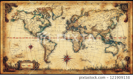 Detailed parchment map features hand drawn markers and dotted red line indicating journey's path. Compass roses and aged textures add depth vintage artwork evoking sense of adventure. Detailed parchment map features hand drawn markers and dotted red line indicating journey's path. Compass roses and aged textures add depth vintage artwork evoking sense of adventure. 121909138