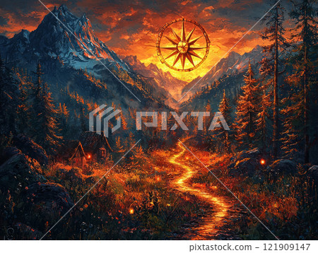 intricate fantasy map highlights golden trail winding through lush forests and majestic mountains. Glowing markers indicate beginning and end of adventurous journey. intricate fantasy map highlights golden trail winding through lush forests and majestic mountains. Glowing markers indicate beginning and end of adventurous journey. 121909147