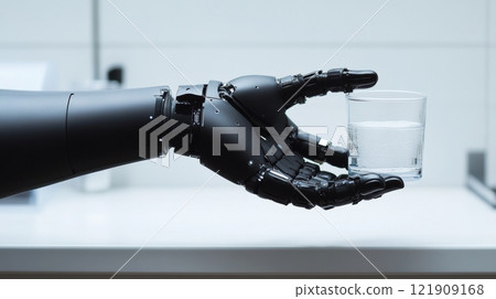 Robotic hand holding a glass of sparkling water in a modern setting. Advanced prosthetics, AI-driven precision, human-like robotics, and future innovation. 121909168
