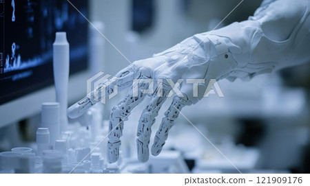 Close-up of biomechatronic prosthetic hand showcasing adaptive material changes in a futuristic lab with holographic tech 121909176