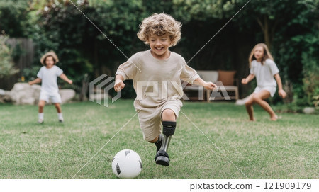 Child with prosthetic leg enjoys playing soccer with friends in a lively park setting on a sunny day 121909179