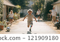 Joyful child with a colorful prosthetic leg running outdoors in a sunny neighborhood. Playful spirit, inclusion, adaptive technology, and childhood freedom. 121909180